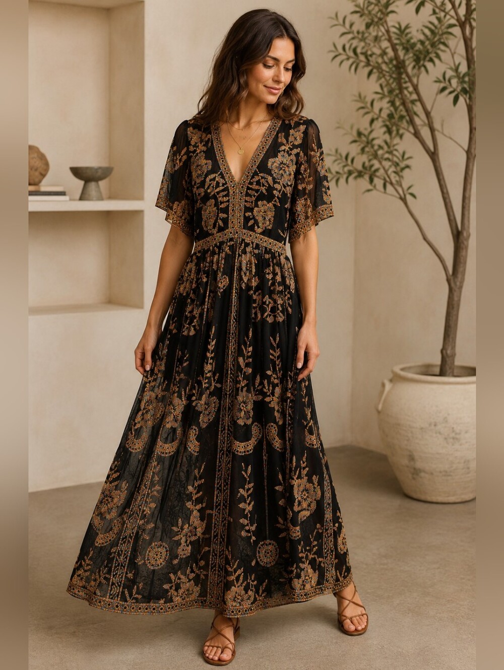 Altard State Black Sheer Mesh Rainbow Floral Embroidered Maxi Dress Boho Artsy M